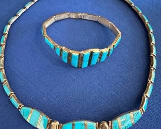 Mexican silver and turquoise necklace and bracelet