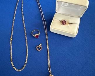 14k necklaces, 14k ring with synthetic ruby oval stone, 14k ruby heart pendant, 10k ruby ring
