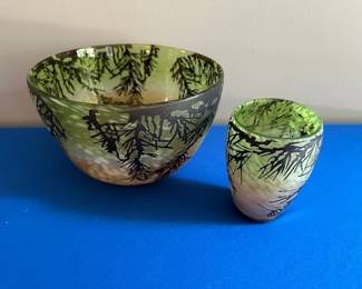 Charles Schneider (inspired) Pate de Verre Art Deco cameo bowl and vase