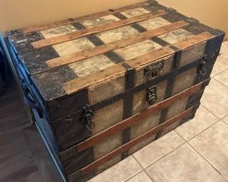 Canvas, wood and metal steamer trunk with two storage inserts and handles