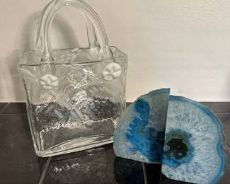 Purse vase and blue agate quartz geode book ends