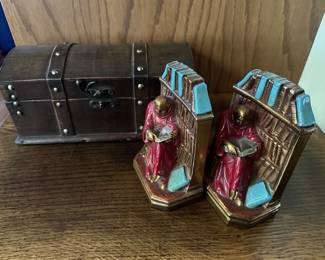 Vintage/antique Armor bronze monk reading book ends and cool old treasure box