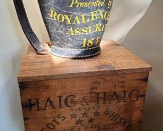 Haig & Haig antique scotch whiskey wooden crate and antique fire engine bucket