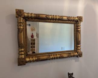 Country Federal Giltwood Split Column Rectangular Wall Mirror, CA. 1830; the baluster and ring-turned surrounded with floral sprig motif; 22" x 34"