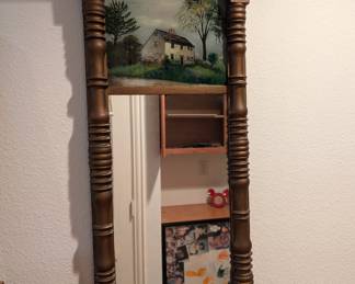 Country Sheraton giltwood split-column mirror with Eglomise reverse painted tablet, CA. 1830