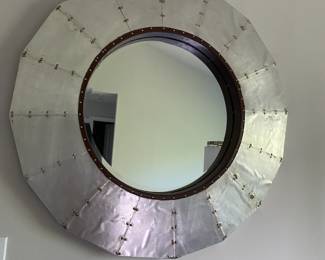 Industrial Round Metal and Leather Mirror 32" D $275