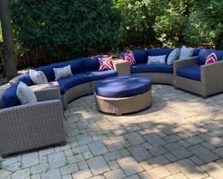 Outdoor Patio Set including 2 chairs, rounded sofa, rounded sofa with extra piece, Ottoman, 2 tables with cup holders, cushions, pillows and covers - $1200