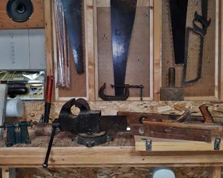 Vintage wood working tools, cast iron vices, and more