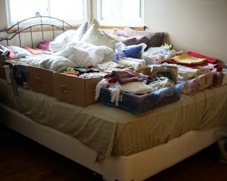 Sterns and Foster Queen mattress and box spring, bedding, linens, tablecloths, William Sonoma dish towels, blankets