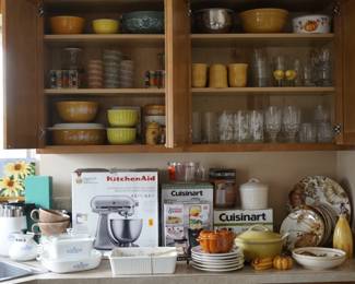New in box Kitchen Aid stand mixer, Cuisinart, Nuwave, Southern Living stoneware, Le Creuset