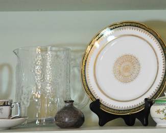 Antique Limoges plates and an antique mustard pot