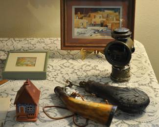 Antique powder horns, antique bicycle light, watercolor of Taos Pueblo, Japanese incense cottage, book lithograph by known artist