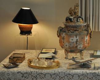 Two additional book illustrations, small wicker lamp and a large signed Japanese piece Meiji period (with damage)
