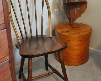 Youth size antique chair with large size band box, hand made corner shelf