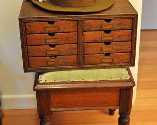 Antique stool with a small spool cabinet (with thread), and a Boy Scout leader hat