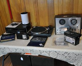 Turntable Technics, Double Cassette Akai Reel to Reel Tape Recorder, Zenith Royal 790 Multi-Band Radio, Crown Transistor Radio and 2 drafting sets