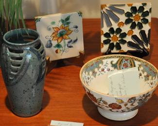 Very attractive Studio Pottery vase with a Dutch tile and a French tile and a very nice bowl also from Holland