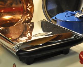 Berville paninni press, blue piece of Dansk enamel cookware