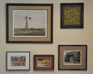 Art in living room - Ronald Thomason signed and numbered lithograph entitled "Deep Water", print by Michael McCullough (New Mexico known artist) Watercolor of Taos Pueblo by Pat Garner, Japanese woodcut by S Konishi (also known)