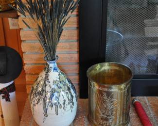 Art Pottery vase and engraved brass piece