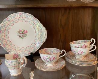 Queen Anne "Royal Bridal Gown" China - Set of 6 Teacup & Saucers, Creamer, Serving Platter