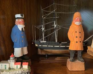 Carved Wood Boat Captain & Sailor Figurines, Assortment of Model Clipper Ships