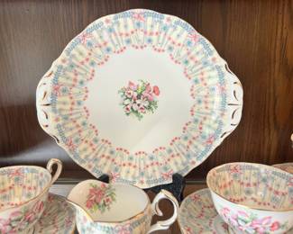 Queen Anne "Royal Bridal Gown" China - Set of 6 Teacup & Saucers, Creamer, Serving Platter