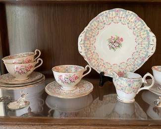 Queen Anne "Royal Bridal Gown" China - Set of 6 Teacup & Saucers, Creamer, Serving Platter