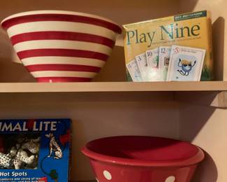 Play Nine Card Game, Red/White Striped Mixing Bowl, Red/White Polka Dot Mixing Bowl