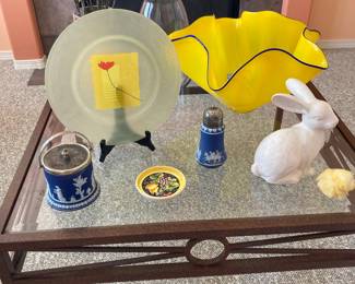 Wedgwood Blue Jasperware Biscuit Jar, Wedgwood Blue Jasperware Sugar Shaker, Yellow with Blue Trim Art Deco Ruffled Blown Glass Centerpiece Bowl, Frosted Floral Themed Glass Serving Platter, Bronze Tone Metal Coffee Table with Glass Top