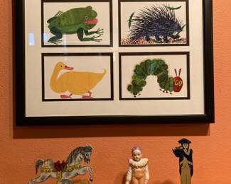 Framed Children's Book Cover Artwork, Ceramic Small Clown Figurine, American Collection Minute Man Figurine