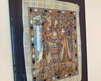 Framed Hand Painted Egyptian Papyrus Depicting Tuthankamen and Queen Ankhesenamon