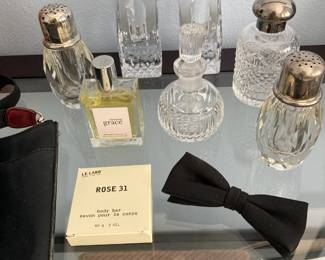 Post House Crystal Salt & Pepper Shakers, Waterford Crystal Cut Glass Perfume Bottle, Pair of Crystal Candlestick Holders, Philosophy Pure Grace Perfume, Le Labo Rose 31 Body Bar Soap
