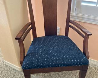 Ethan Allen V-Back Dining Arm Chair with Blue/White Polka Dot Seat
