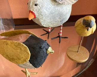Two Paper Mache Bird Figurines, Carved Wood Figurine on Stand