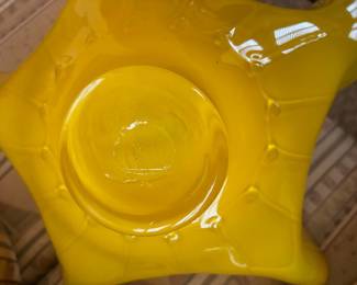 Yellow with Blue Trim Art Deco Ruffled Blown Glass Centerpiece Bowl