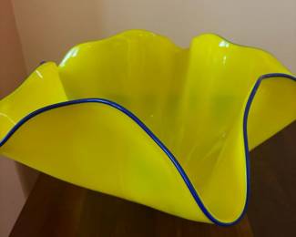 Yellow with Blue Trim Art Deco Ruffled Blown Glass Centerpiece Bowl