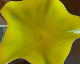 Yellow with Blue Trim Art Deco Ruffled Blown Glass Centerpiece Bowl