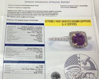 18KT WHITE & YELLOW GOLD KASHMIR SAPPHIRE & DIAMOND RING, SIZE 6.75, G.I.A. CERTIFIED EXTREMELY RARE UNHEATED KASHMIR SAPPHIRE, 1.04cts SAPPHIRE, 0.45cts DIAMONDS, 3.9g TOTAL WEIGHT, GGA APPRAISAL $14,760.00