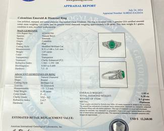 PLATINUM COLOMBIAN EMERALD & DIAMOND RING, SIZE 7, 1.05cts EMERALD, 0.38cts DIAMONDS, 8.1g TOTAL WEIGHT

AIGL APPRAISAL $12,268.00,