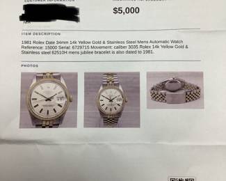 1981 ROLEX DATE 34mm 14KT GOLD & STAINLESS MEN’S AUTOMATIC WATCH, MODEL 15000, MOVEMENT CALIBER 3035, FLUTED BEZEL, GOLD & STAINLESS JUBILEE BRACELET, RECENTLY SERVICED.