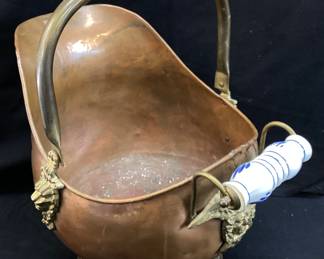 VTG. COPPER COAL ASH SCUTTLE BUCKET w PORCELAIN HANDLES