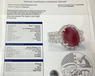 PLATINUM RUBY & DIAMOND RING, SIZE 7.5, 4.62cts RUBY, 2.13cts DIAMONDS, 11.8g TOTAL WEIGHT, GGA APPRAISAL $29,760.00,