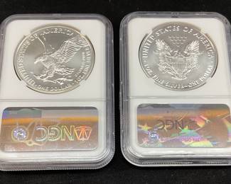 (2) 2021 SILVER AMERICAN EAGLES MS70 EARLY RELEASE T-2 & 2017 1st DAY ISSUE MS70