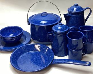 VTG. BLUE SPECKLED ENAMELWARE SET