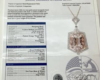 14KT ROSE & WHITE GOLD MORGANITE & DIAMOND PENDANT w CHAIN, 16.20cts MORGANITE, 0.70cts DIAMONDS, 13.2g TOTAL WEIGHT, GGA APPRAISAL $21,460.00,
