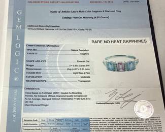 PLATINUM MULTI COLOR SAPPHIRE & DIAMOND RING, SIZE 7, 0.87cts SAPPHIRES, 0.13cts DIAMONDS, 4.6g TOTAL WEIGHT

RARE NO HEAT SAPPHIRES, GAL APPRAISAL INCLUDED,
