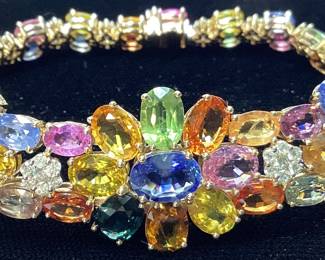 14KT YELLOW GOLD MULTI COLOR SAPPHIRE & DIAMOND BRACELET, 45.52cts SAPPHIRES, 1.84cts DIAMONDS, 26.7g TOTAL WEIGHT, GGA APPRAISAL $45,870.00,