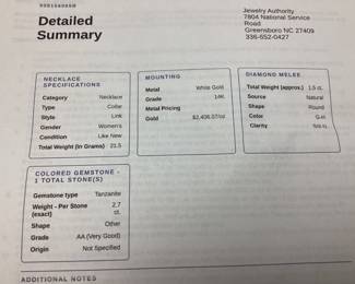 14KT WHITE GOLD w 2.7ct TANZANITE & 1.5ct DIAMONDS, 21.5 GRAMS, COMES WITH APPRAISAL