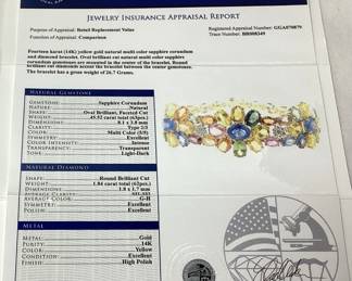 14KT YELLOW GOLD MULTI COLOR SAPPHIRE & DIAMOND BRACELET, 45.52cts SAPPHIRES, 1.84cts DIAMONDS, 26.7g TOTAL WEIGHT, GGA APPRAISAL $45,870.00,